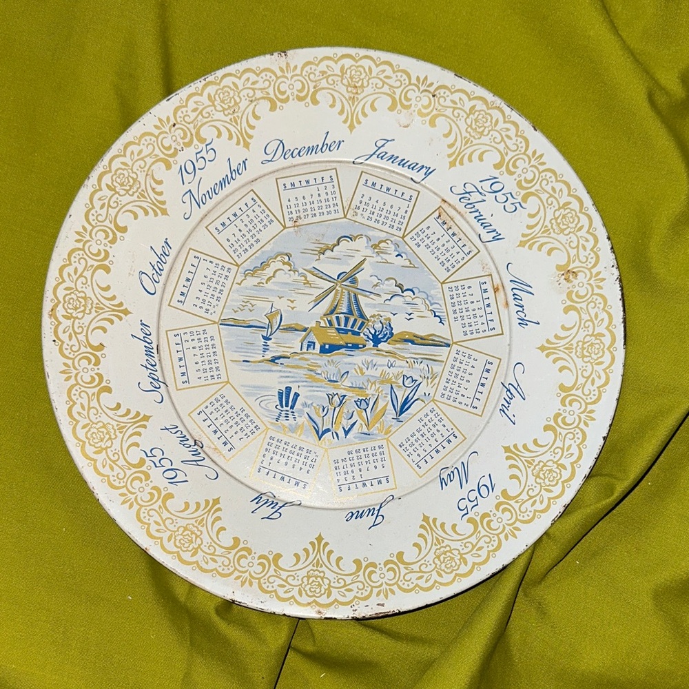 Vintage 1955 Metal Calendar Plate 10”